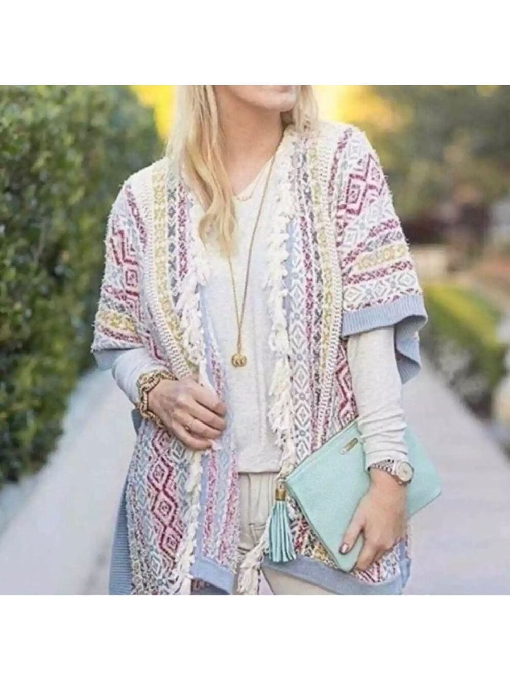 CAbi Fringe Trim Knit Oversized Poncho Sweater Med/Lg Boho Coastal